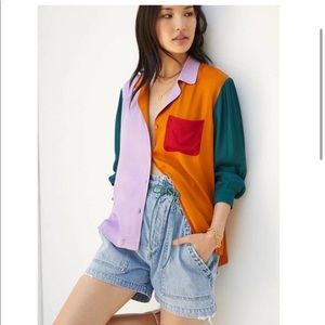 FARM Rio Anthropologie color block puff sleeve button down blouse colorful